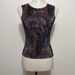 Rave City 90s Sleeveless Micro Pleated Top Medium Navy Copper Abstract  Rave